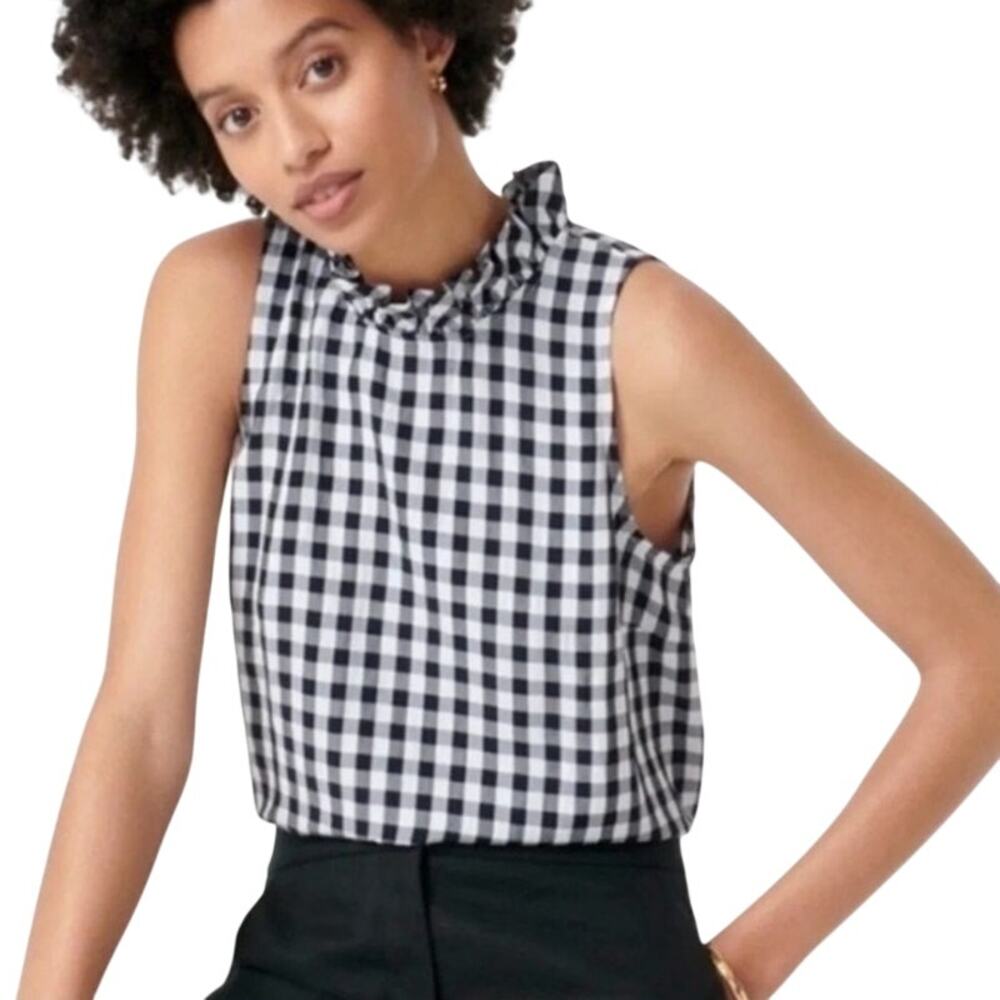 J. Crew Fleur Tank Top in Gingham Linen XS Black White Checkered Ruffle Preppy